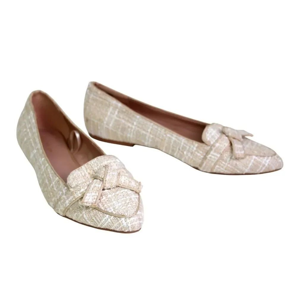 ANN TAYLOR BOW CREAM BEIGE TWEED TEXTILE POINTED TOE FLAT BALLET SHOES Sz 7.5